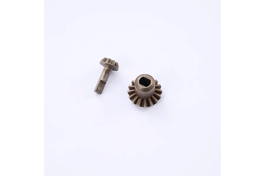 Two metal bevel gears for an RC car differential, one with a long shaft and one with a flat-sided hole, isolated on a white background.