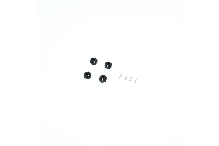 Four small black plastic wheel hex adaptors and four metal drive pins arranged on a white background.