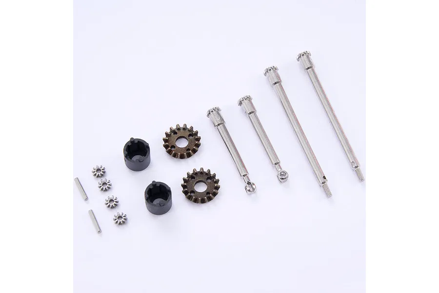 A set of FMS RC differential spare parts including metal drive shafts, small gears, and plastic components on a white background.
