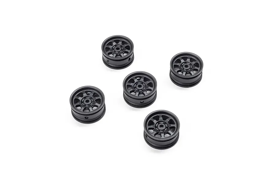 Five black Axial 0.7-inch Icon Nuevo RC rims arranged on a white background.