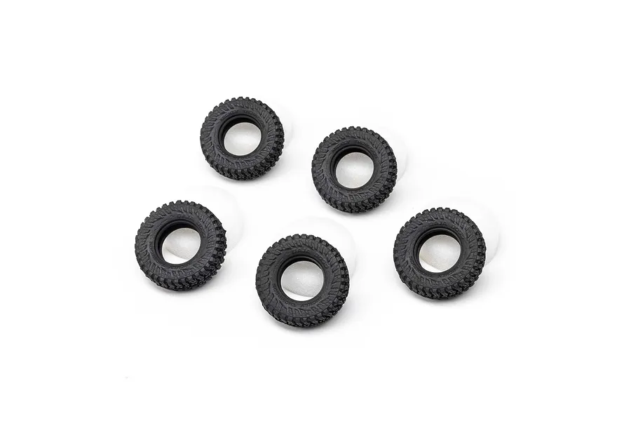 Five black Mickey Thompson Baja Boss RC crawler tyres arranged on a white background.