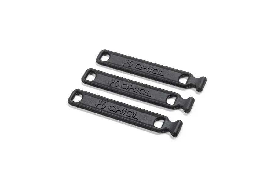 Three black rubber Axial battery straps laid out diagonally on a white background.