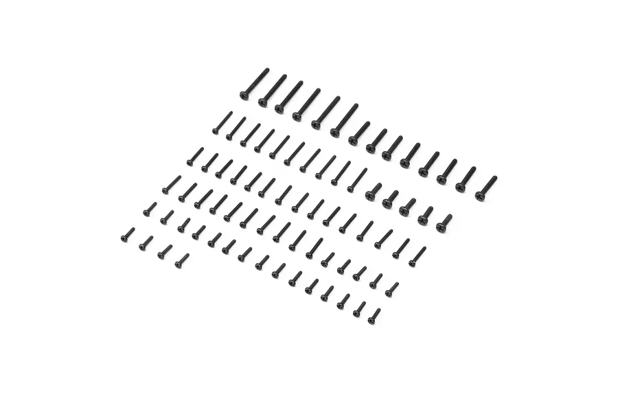 A collection of various black steel screws for RC vehicles arranged in rows on a white background.