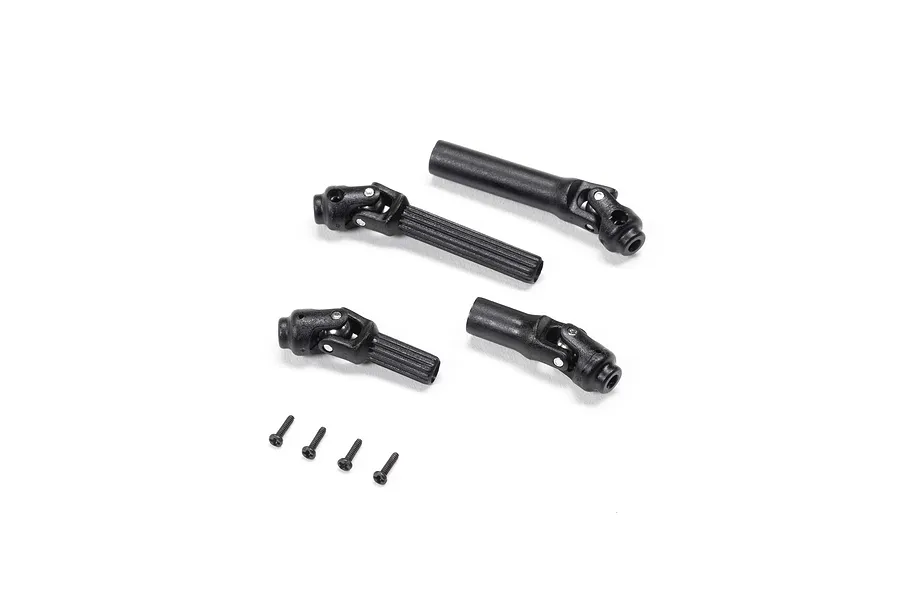 Four black plastic RC driveshaft components and four small black screws arranged on a white background.