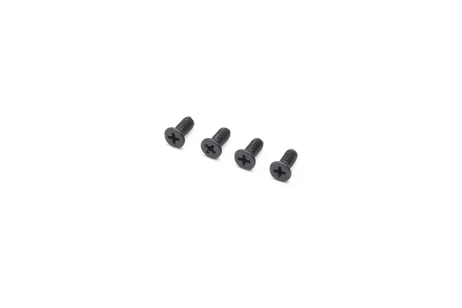 Four small black Phillips head flat head screws arranged in a diagonal row against a white background.