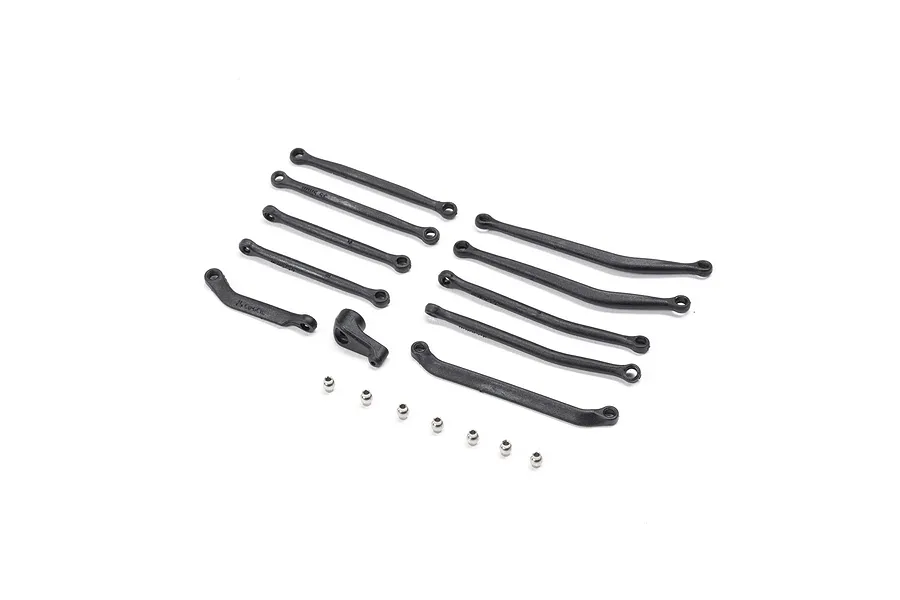 Axial 1/30 scale RC servo horn and linkage set including various plastic suspension links, a servo horn, and small metal pivot balls.