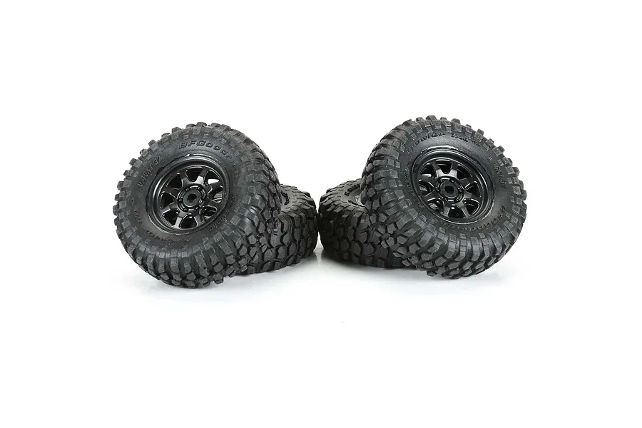 Four Pro-Line BFG Krawler T/A KX RC tires mounted on black Icon Nuevo rims, arranged in two pairs against a white background.