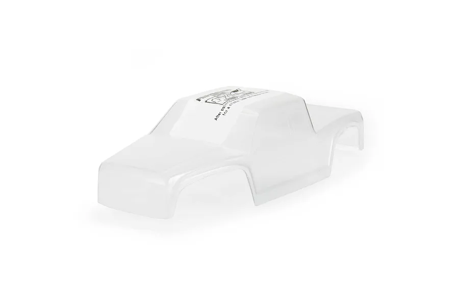 A clear, unpainted Pro-Line RC truck body shell viewed from a high angle against a white background.