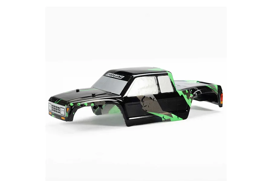 Pro-Line Coyote RC truck body shell with a black and green tear paint scheme on a white background.