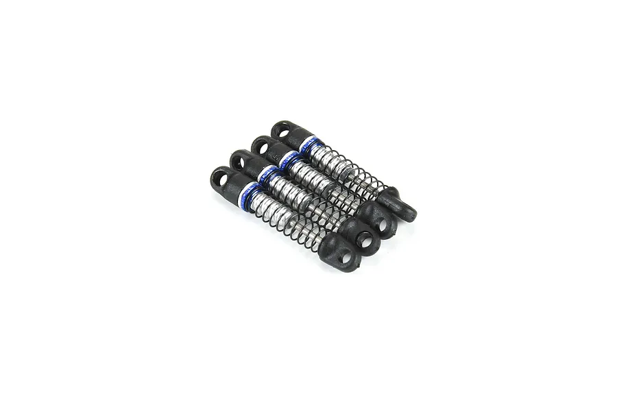 Four Pro-Line Pro-Spec RC shock absorbers with black plastic ends, silver bodies, and blue adjustment collars.