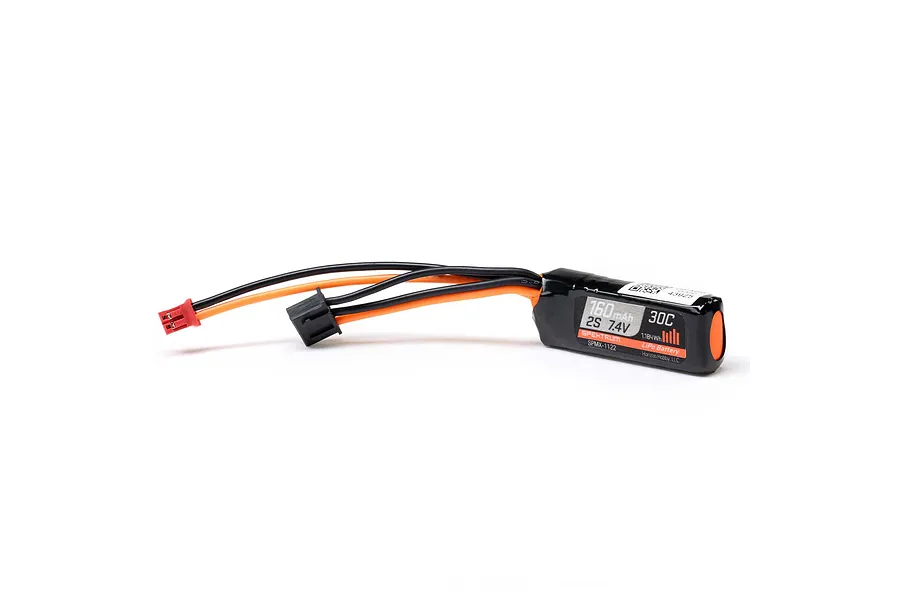 Spektrum 7.4V 160mAh 30C LiPo battery with black soft case and two connectors against a white background.