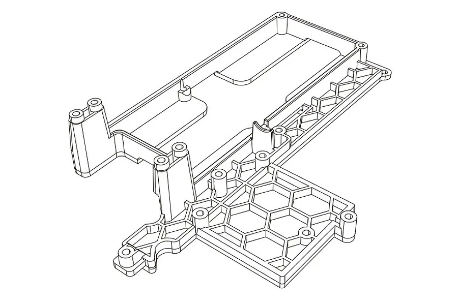 A black and white line drawing of an MJX RC car chassis part showing structural details and mounting points.