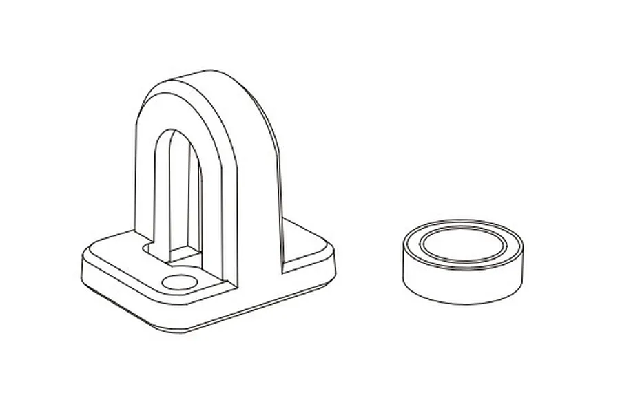 A line drawing of an MJX RC centre driveshaft brace and a small circular bearing on a white background.