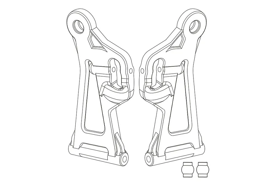 A black and white line drawing of two RC car front lower suspension arms and two small pivot balls.