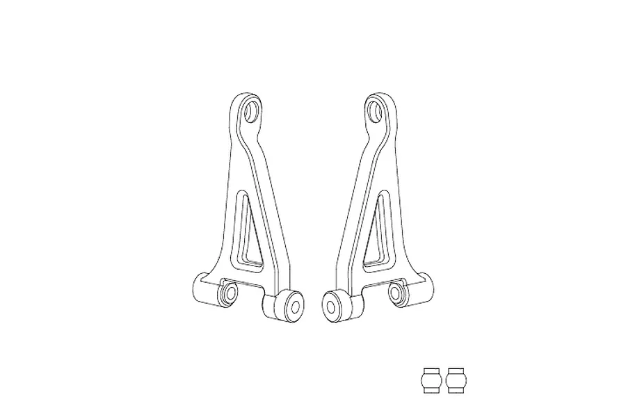 A line drawing illustration showing two identical RC car rear upper suspension arms and two small circular bushings.