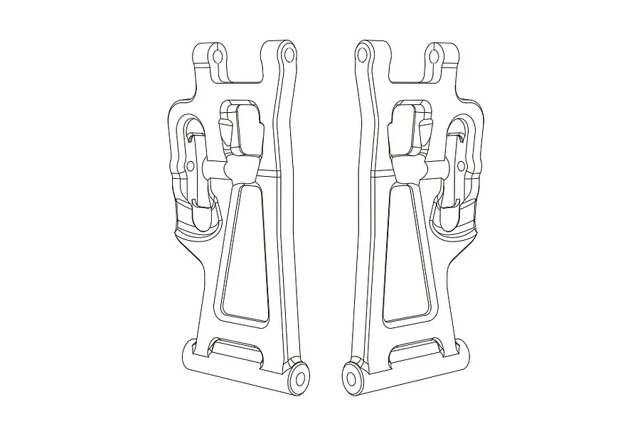 A black and white line drawing of two RC car rear lower suspension arms side-by-side.