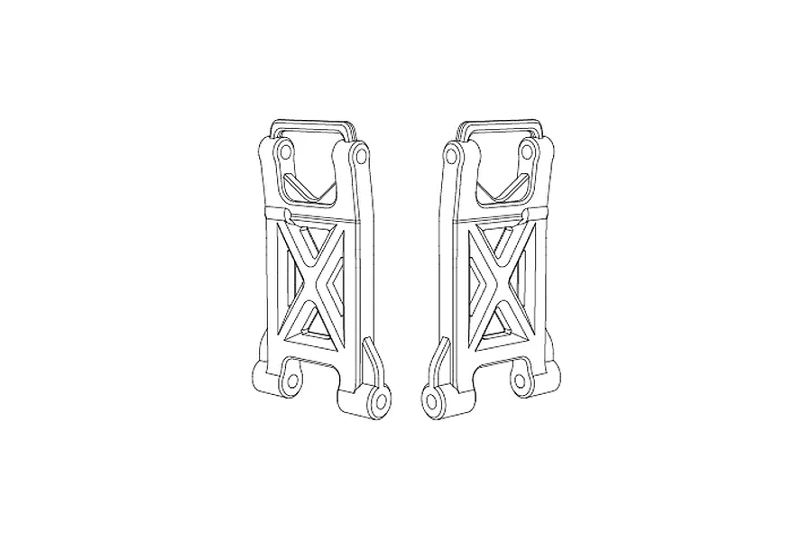 A line drawing illustration of two symmetrical RC car rear lower suspension arms.