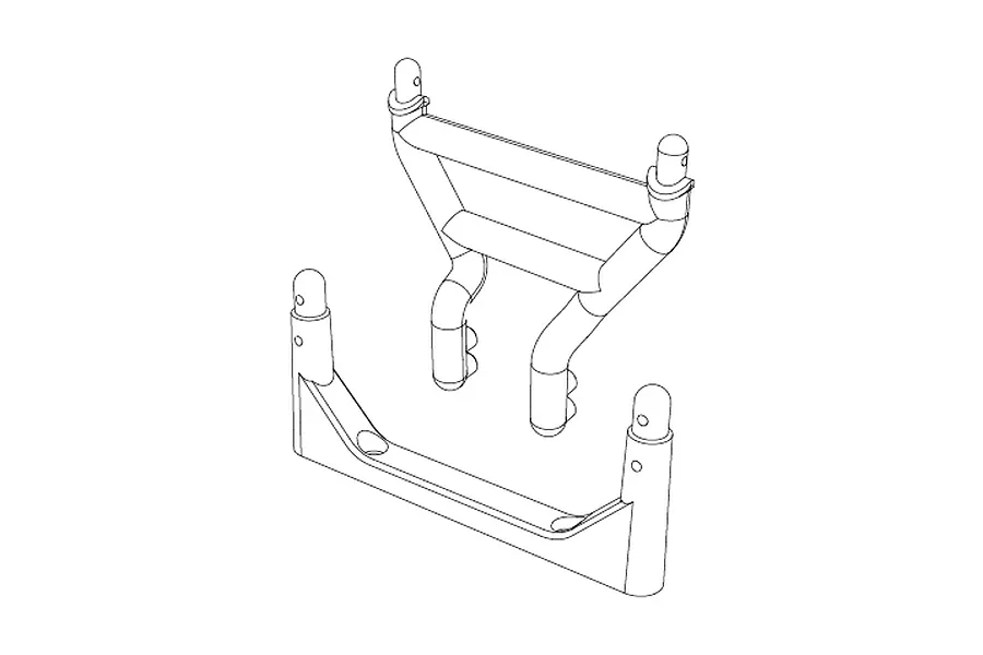 A black and white line drawing of two RC car body mount components.