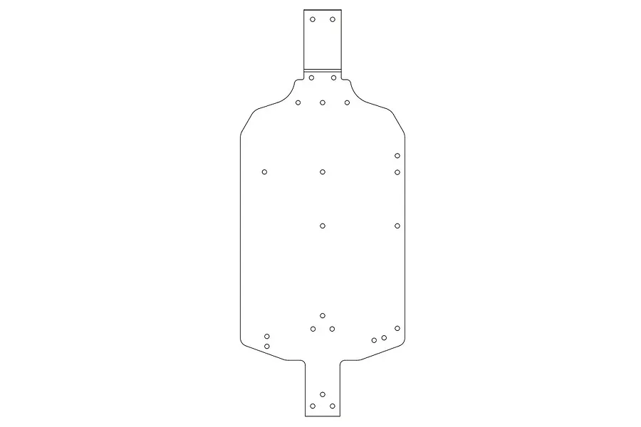 A black and white line drawing of an RC car main chassis plate showing mounting hole patterns.