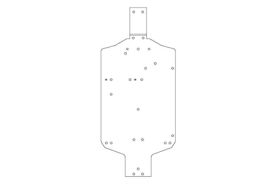 A black and white line drawing of an RC car main chassis plate with various mounting holes.