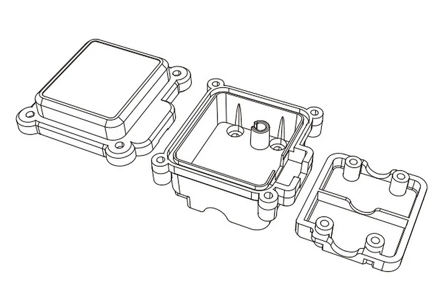 A technical line drawing of an MJX RC electronics box, showing the lid, main housing, and internal mounting plate components.