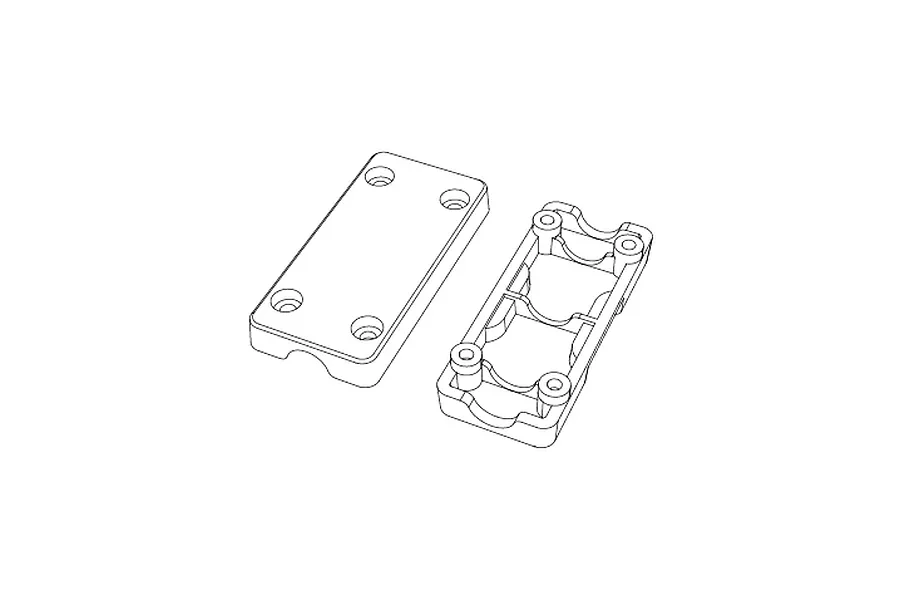 A line drawing illustration showing two rectangular RC chassis components with mounting holes and curved cutouts.