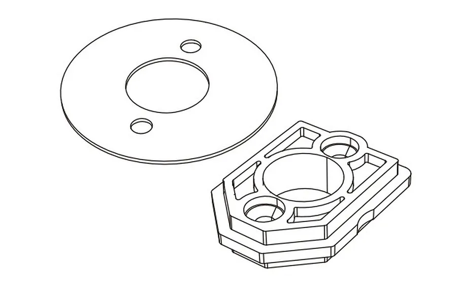 A technical line drawing showing a circular plate and a rectangular motor mount component for an MJX RC vehicle.