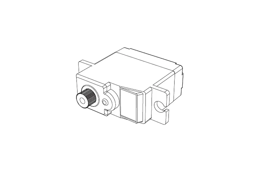 A black and white line drawing of a standard RC servo motor showing the output gear and mounting tabs.