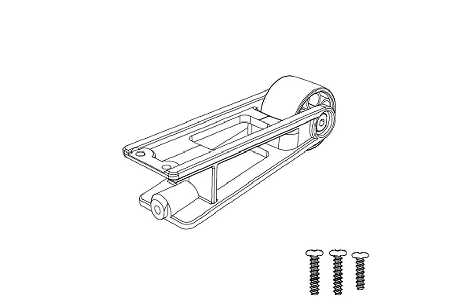 A black and white line drawing of an MJX RC wheelie bar assembly with three small screws below it.