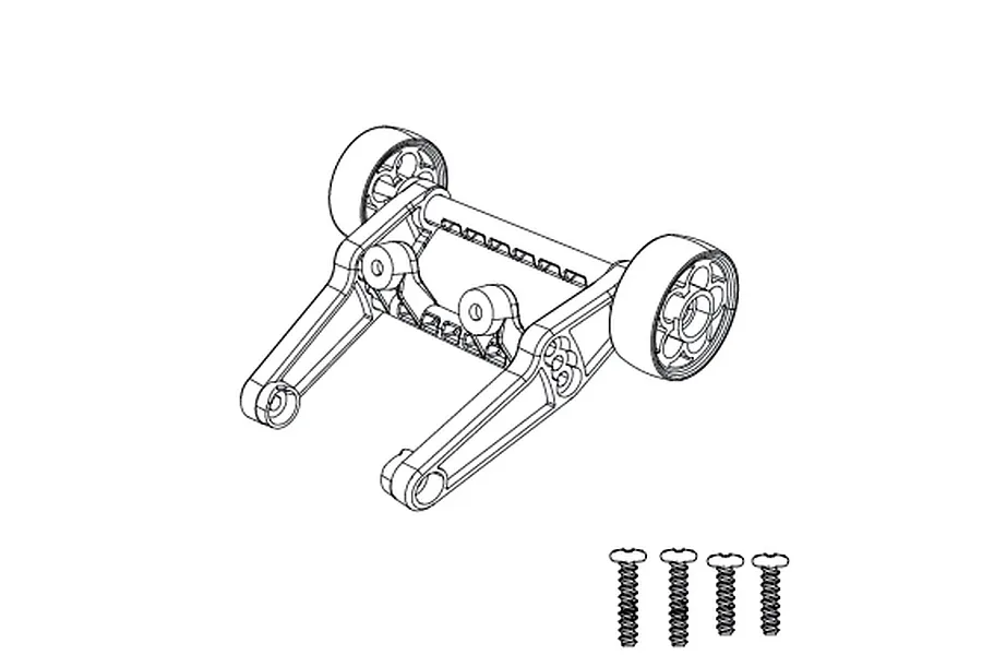 A black and white line drawing of an MJX RC wheelie bar assembly with two wheels and four mounting screws.