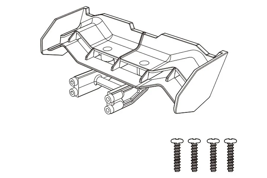 A black and white line drawing of an MJX RC rear wing spare part with four mounting screws shown below it.
