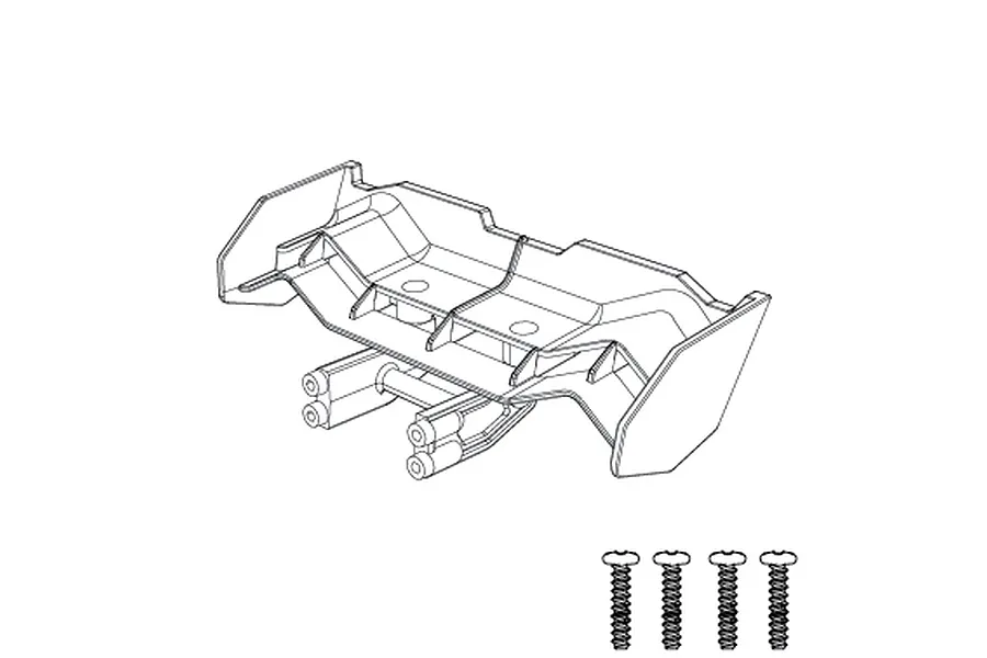 A black and white line drawing of an MJX RC rear wing spare part with four mounting screws shown below.