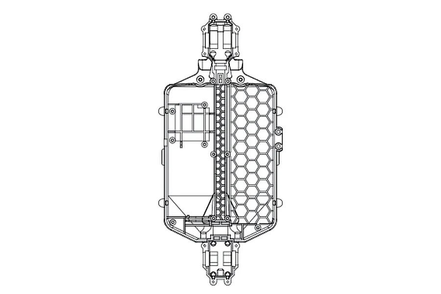 A black and white line drawing of an MJX RC main chassis showing the top-down view of the structural frame.
