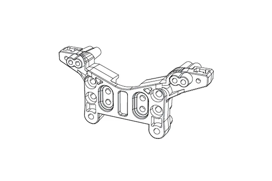 A black and white line drawing of an MJX RC rear shock tower spare part showing mounting holes and structural geometry.