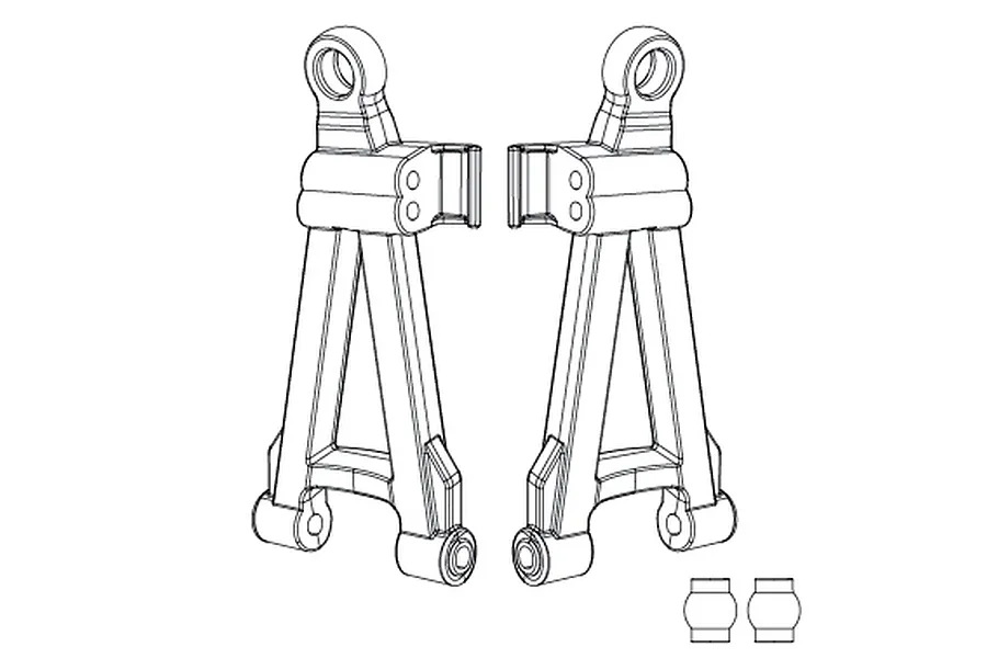 A line drawing illustration of two MJX RC front lower suspension arms and two small bushings.