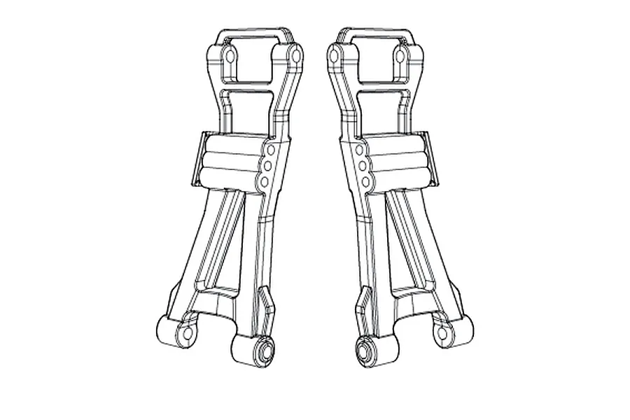 A black and white line drawing of two RC car rear lower suspension arms.