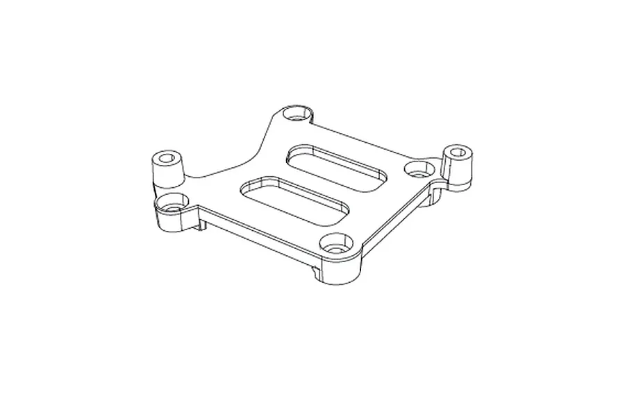 A black and white line drawing of a rectangular RC electronics mounting plate with four corner mounting points and two central cutouts.
