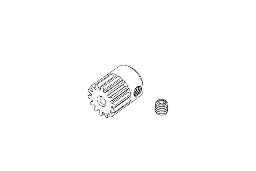 A line drawing of an RC pinion gear with a separate grub screw on a white background.