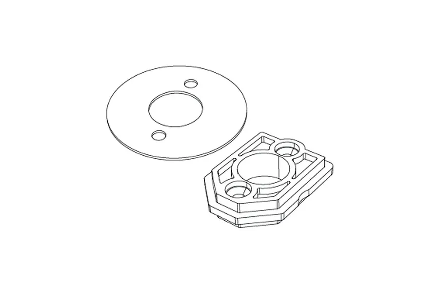 A technical line drawing showing a circular motor plate and a rectangular motor mount component for an RC vehicle.