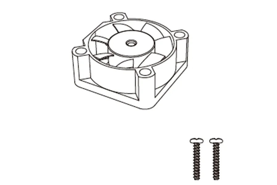 A line art illustration of a square RC cooling fan and two small mounting screws.