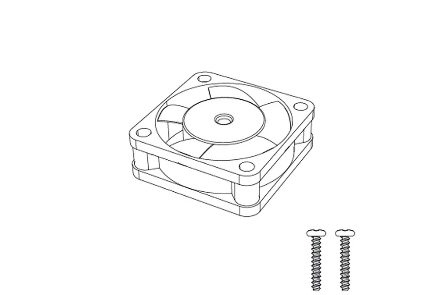 A black and white line drawing of an RC cooling fan and two mounting screws.