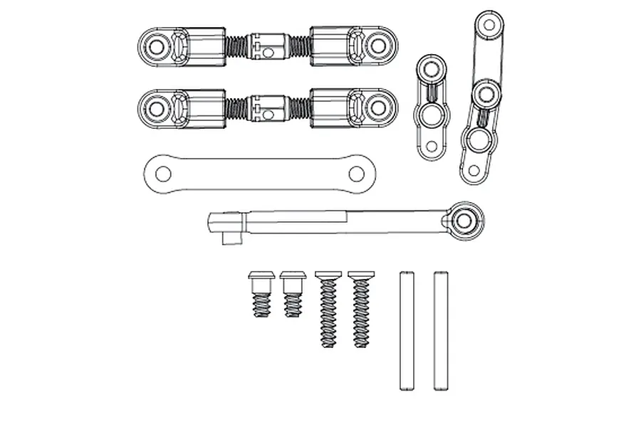 A technical line drawing showing an MJX RC steering bell crank and drag link assembly spare parts kit including turnbuckles, linkages, screws, and pins.