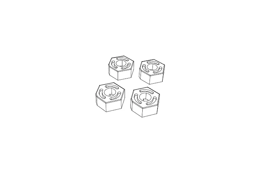 A line drawing illustration showing four hexagonal RC wheel hex adapters arranged in a group.