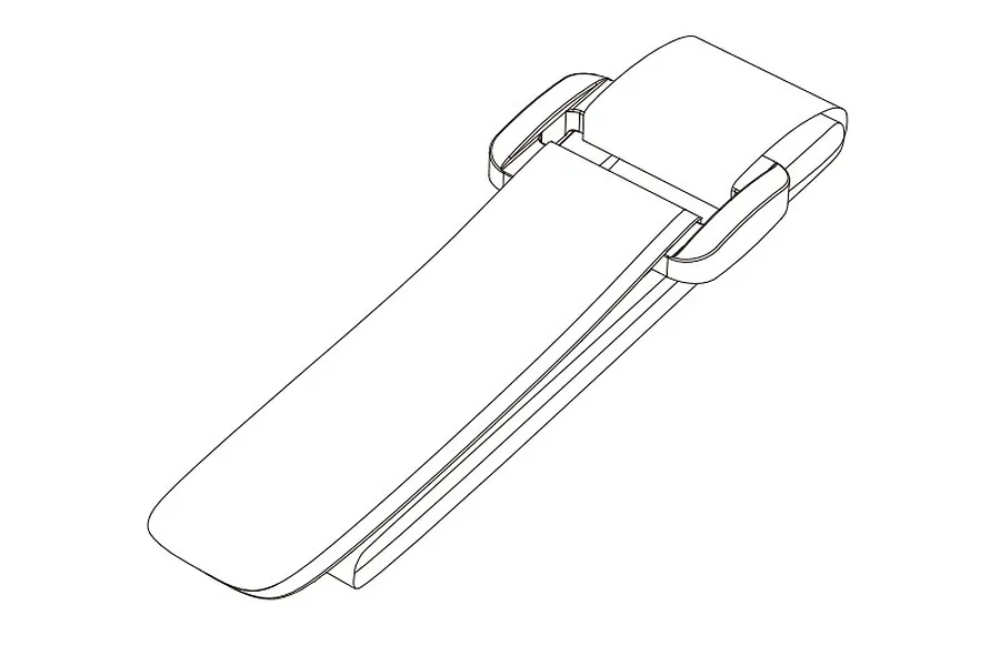 A black and white line drawing of a battery strap with a buckle mechanism.