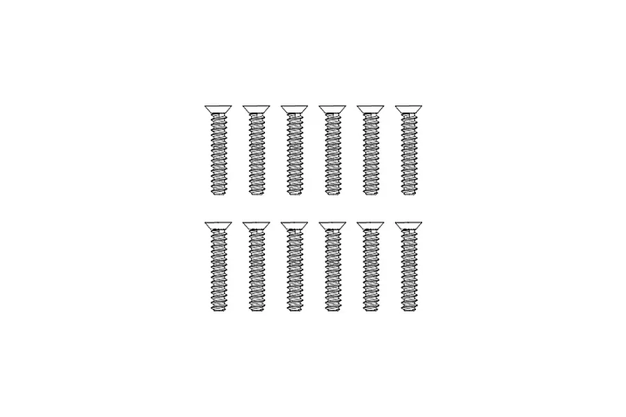 A digital line drawing showing twelve identical countersunk head screws arranged in two rows of six against a white background.