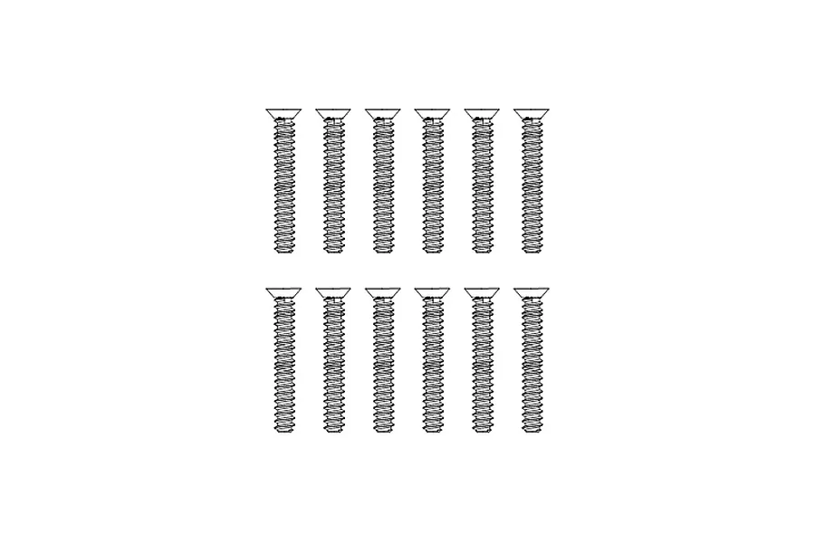 A digital line drawing of twelve identical countersunk head screws arranged in two rows of six.