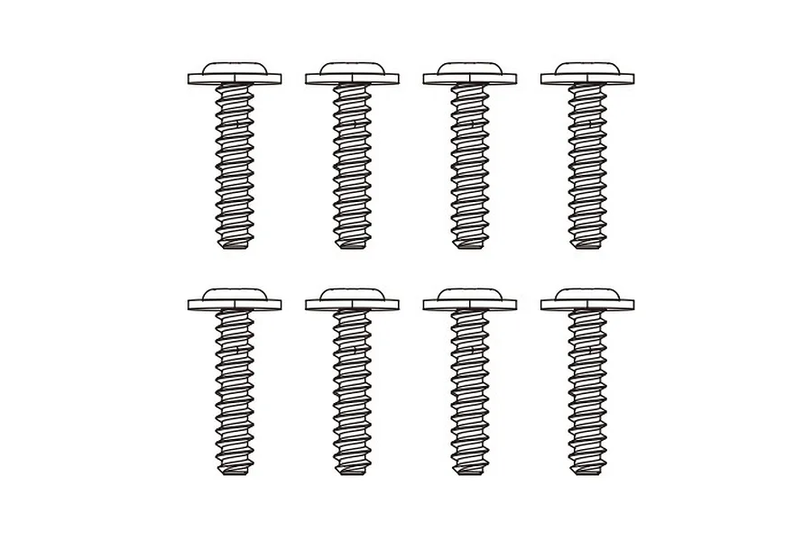 A digital line drawing illustration of eight identical metal screws arranged in two rows of four against a white background.