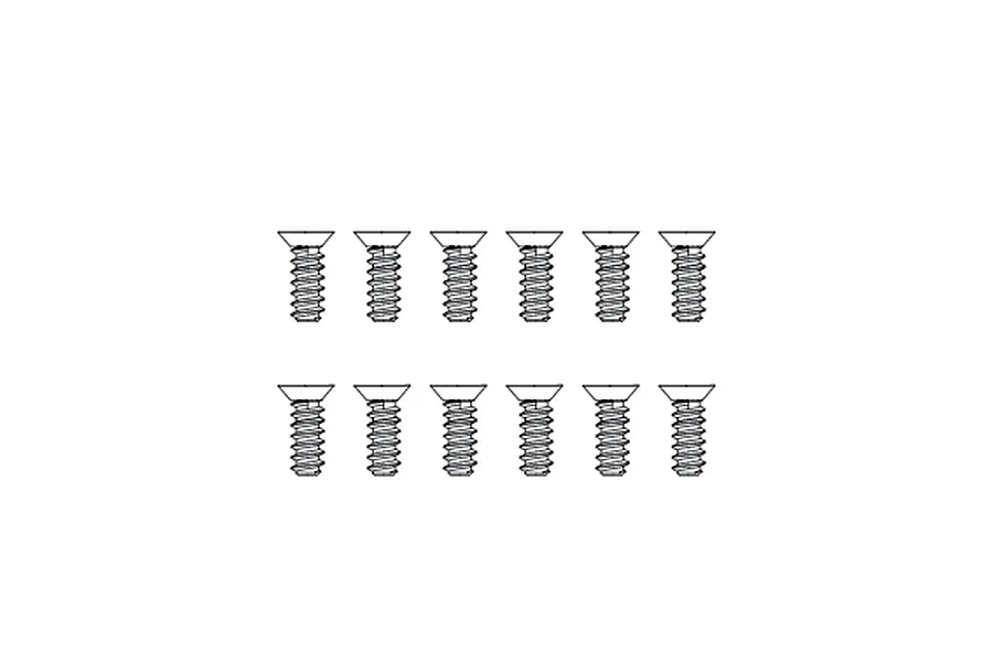 A set of twelve identical small metal countersunk screws arranged in two rows of six against a white background.