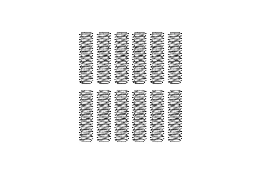 A top-down view of twelve identical metal grub screws arranged in two rows of six on a white background.