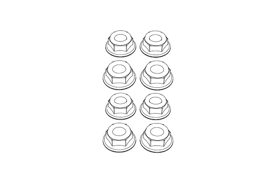 A top-down view of eight flanged wheel nuts arranged in two columns of four against a plain white background.